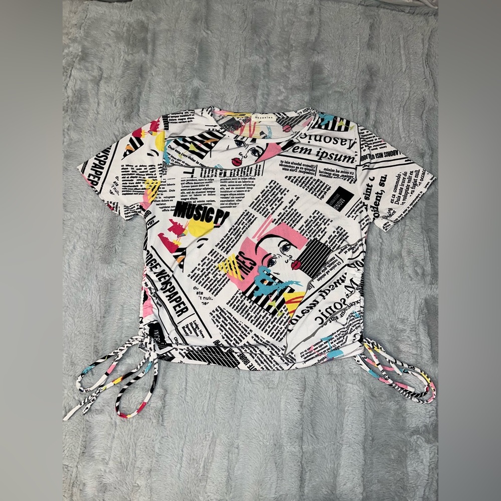 Occasion White Newsprint Pop Art Y2k Baby Tee